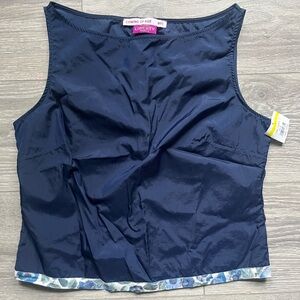 NEW Coming of Age NYC Liberty Fabric Navy Blue Sleeveless Tank Rose Trim Size L